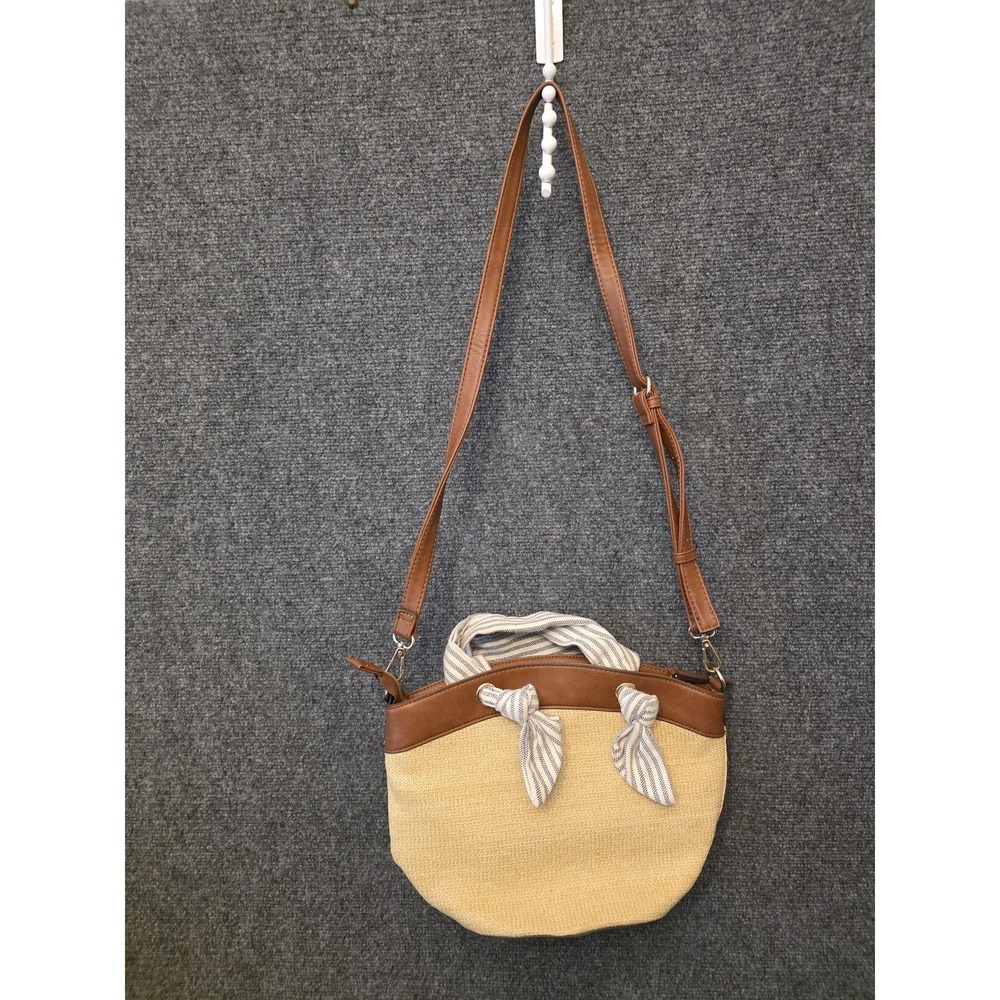 Kelly‎ & Katie Crossbody Bag Womens Medium Beige Straw Bow Stripe Boho Beach